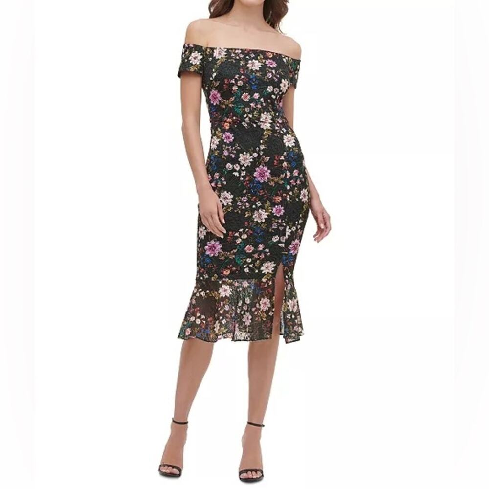 GUESS Off-The-Shoulder Lace Midi Dress Black Multi Floral Women’s NWT